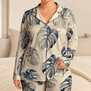 Monstera Ink Wash Botanical Leaves for Relaxed Summer Lounging Style, Plus Size Women Satin Pajamas Set