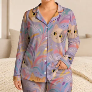 Lavender Cat Faces Graffiti Aesthetic for Playful Lounging and Cozy Home Style Lovers Satin Pajamas Set