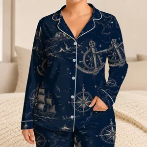 Nautical Explorer Midnight Navy Sea Captain Gift For Cozy Seafaring Comfort Lovers Satin Pajamas Set