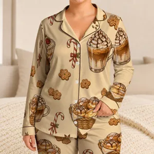 Whipped Coffee, Cream Puff, and Candy Cane Motifs for Cozy Cafe Nights, Women Gift Satin Pajamas Set