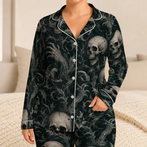 Plus Size Dark Gothic Skull And Ghost Hand Night Look For Halloween Nights Women Satin Pajamas Set
