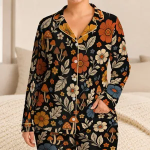 Retro Folk Flowers And Mushrooms For Cozy Lounge Nights And Relaxed Mornings For Women Satin Pajamas Set