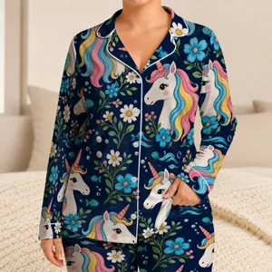 White Unicorns, Blue Flowers and Fish for Dreamy Bedtime Relaxation Gifts for Her Satin Pajamas Set