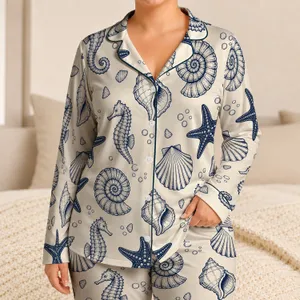 Vintage Navy Sea Stars, Seahorses And Shells For Coastal Lounging And Beach Gifts Satin Pajamas Set