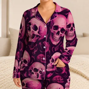 Pink Gothic Skull Motif For Halloween Sleepwear And Alternative Fashion Enthusiasts Satin Pajamas Set