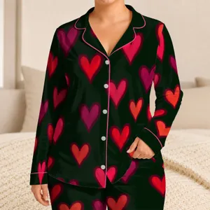 Hand-Painted Red Pink Coral Hearts for Romantic Lounging and Cozy Nighttime Comfort at Home Satin Pajamas Set