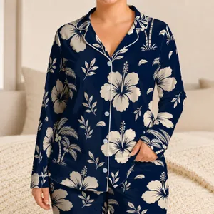 Ivory Hibiscus And Coconut Palm Night Garden For Relaxed Tropical Lounging Women Satin Pajamas Set