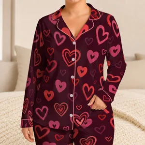 Hand-Drawn Burgundy Hearts for Valentine's Day Lounging and Cozy Nightwear Lovers Satin Pajamas Set