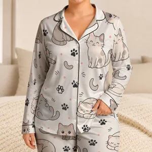 Playful Cats And Paw Motifs For Cozy Lounging, Sleepovers, And Cat Lovers At Home Satin Pajamas Set