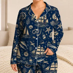 Vintage Nautical Dolphins Sailboats And Compass Motifs For Coastal Home Lounging Women Satin Pajamas Set