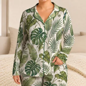 Tropical Monstera Leaf Botanical Resort Loungewear For Women Vacation Wear Satin Pajamas Set