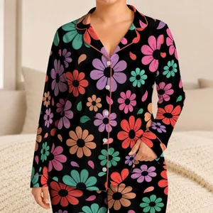 Retro Colorful Daisy Florals On Black For Cheerful Summer Lounging At Home Satin Pajamas Set