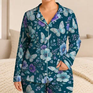 Teal Butterfly And Blue Flower Motifs For Relaxing Evenings And Cozy Home Comfort Satin Pajamas Set