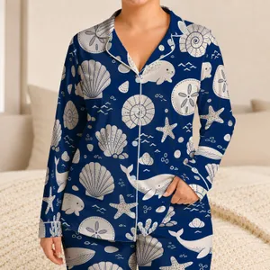 Cobalt Blue Shells, Whales And Sand Dollars For Relaxed Seaside Evenings And Getaways Satin Pajamas Set