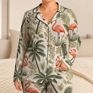 Watercolor Coral Flamingos And Tropical Palm Trees For Coastal Resort Lounging Women Satin Pajamas Set