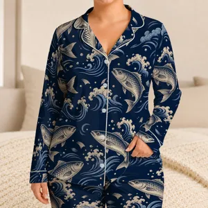 Indigo Leaping Fish And Ocean Waves For Coastal Lounging And Japanese Style At Home Satin Pajamas Set