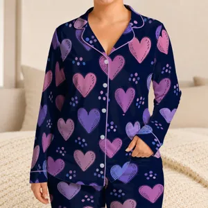 Hand-Drawn Lavender Hearts On Midnight Indigo For Cozy Valentine's Day Lounging At Home Satin Pajamas Set