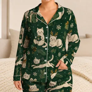 Ivory Christmas Cats With Pine Sprigs For Cozy Winter Nights Cat Lovers Gift Satin Pajamas Set