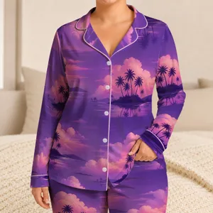 Orchid Purple Tropical Island Sunset For Women Seeking Beach Getaways And Relaxed Nights Satin Pajamas Set