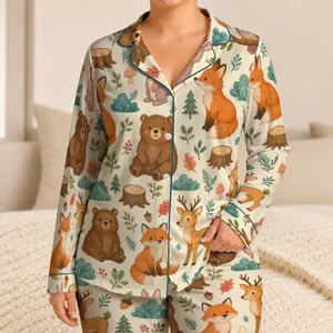 Woodland Fox Rabbit Bear Deer Owl Cozy Bedtime Loungewear For Nature Loving Adults Satin Pajamas Set