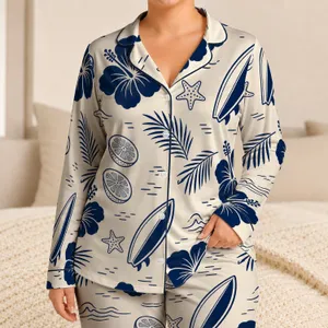 Navy Hibiscus Surfboard Coastal Loungewear For Beach Vacations And Resort Weekends Satin Pajamas Set