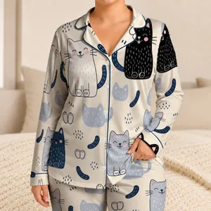 Smiling Navy Cats And Paw Motifs For Cozy Nights And Relaxed Home Lounging Gifts Satin Pajamas Set