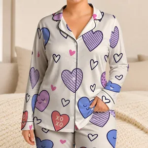 Sleepy Heart Doodle Valentine Lounge Gift for Women in Lavender Pink and Blue Tones Satin Pajamas Set
