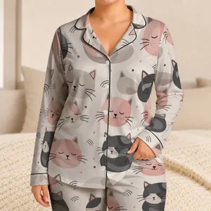 Sleepy Cat Faces And Curled Kitties For Cozy Nights, Relaxing At Home, And Cat Lovers Satin Pajamas Set