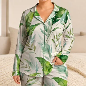 Watercolor Tropical Foliage for Relaxing Resort Lounging and Cozy Evenings Women Satin Pajamas Set