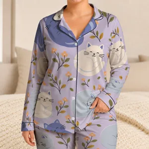 Sleeping Cats And Wildflowers For Cozy Bedtime Lounging And Relaxed Weekend Wear For Women Satin Pajamas Set