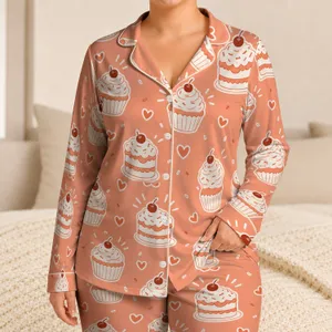 Cupcake Cherry Dessert Motif for Cozy Bedtime, Lounge Lovers and Sweet Treat Fans Satin Pajamas Set