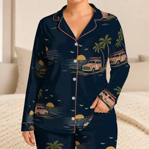 Vintage Beach Wagons And Palm Trees For Coastal Getaways And Relaxed Summer Lounging Satin Pajamas Set