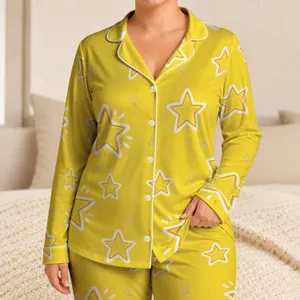 Yellow Double Outline Stars for Cheerful Sleepwear and Relaxing Lounging At Home Satin Pajamas Set
