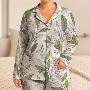 Tropical Green Leaf Botanical Motif For Relaxed Evenings At Home And Weekend Getaways Satin Pajamas Set