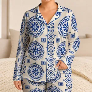 Cobalt Blue Mediterranean Geometric Tile Motifs for Relaxed Resort Lounging Women Satin Pajamas Set