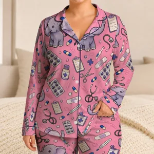 Lavender Baby Elephants And Medical Care Icons For Nurses Relaxing At Home Gift Satin Pajamas Set