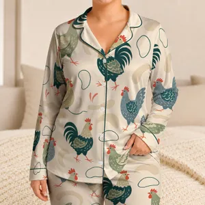 Mid Century Farm Chickens For Cozy Country Sleepwear And Relaxing Lounging Satin Pajamas Set