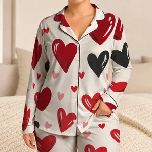 Red Cherry And Black Painted Hearts For Cozy Valentine Evenings And Relaxed Style Satin Pajamas Set