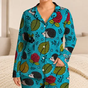 Botanical Hedgehog And Rose Folk Art For Cozy At-Home Lounging And Bedtime Nature Lovers Satin Pajamas Set
