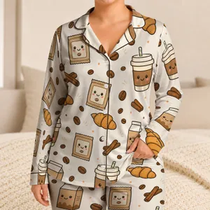 Smiling Coffee Cups Croissants And Beans For Cozy Cafe Mornings And Dessert Lovers Satin Pajamas Set