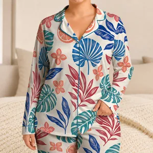 Tropical Monstera Leaves and Citrus for Coastal Lounging and Relaxed Weekends At Home Satin Pajamas Set
