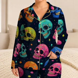 Candy Color Pop Art Skulls for Halloween Lounge Nights and Gothic Style Enthusiasts Satin Pajamas Set