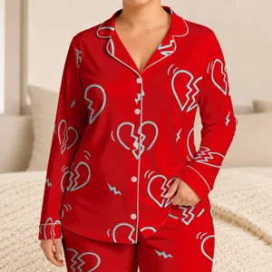 Aqua Broken Hearts On Crimson For Valentine Sleepwear And Lounge Lovers Satin Pajamas Set