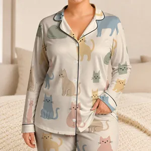 Hand-Drawn Minimalist Pastel Cats for Cozy Sleepwear and Relaxed At-Home Lounging Satin Pajamas Set