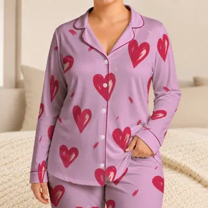 Hand Painted Raspberry Hearts For Valentine Sleepwear And Cozy Lounge Lovers Satin Pajamas Set