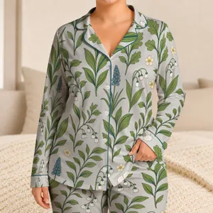 Fresh Green Botanical Bellflower Garden Motif For Spring Lounging At Home Gift Giving Satin Pajamas Set