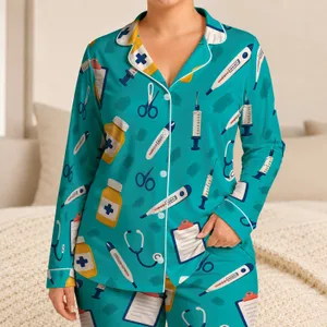 Teal Medical Tools Motif For Nursing School, Clinic Shifts And Healthcare Team Members Satin Pajamas Set