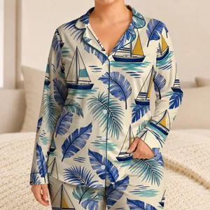 Tropical Sailboats And Palm Leaves For Coastal Resort Lounging Satin Pajamas Set