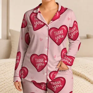 Red Heart Thank You Valentine's Day Cozy Lounge Gift for Women, Teens, and Couples Satin Pajamas Set