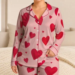 Crimson Red Hearts for Valentine's Day Romantic At Home Lounge Style Gifts for Women Satin Pajamas Set